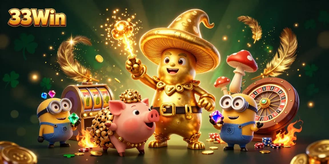 Engage with 33Win's dynamic fantasy scene featuring a wizard and treasures from online gambling.