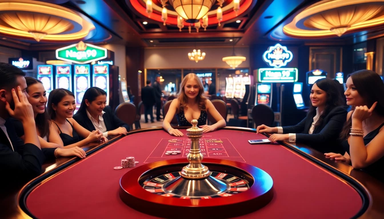 Naga99 gaming table with players enjoying thrilling casino action and colorful chips.