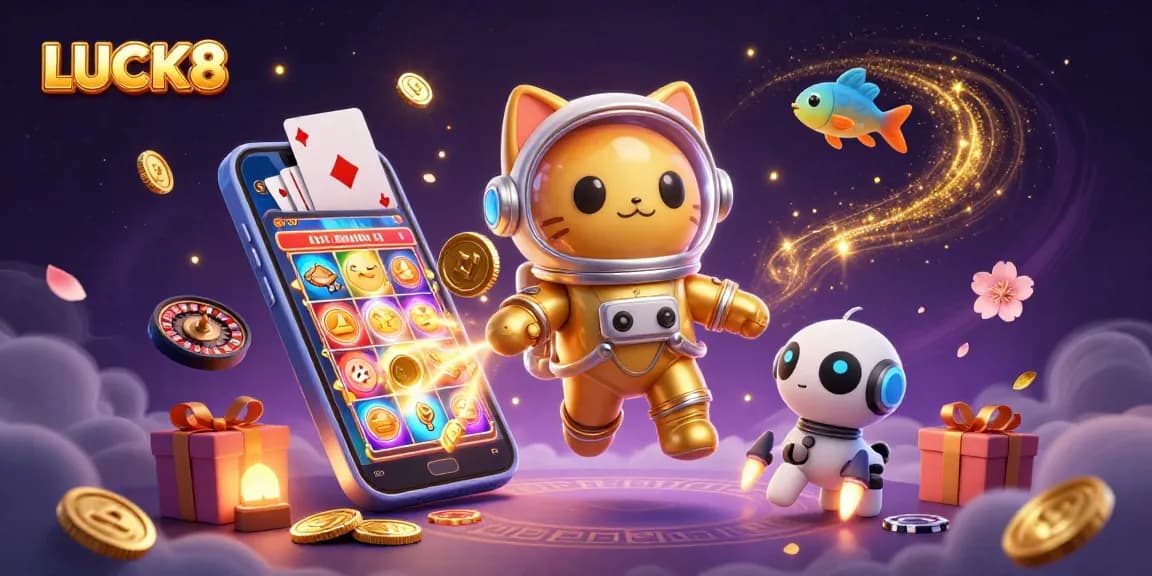 LUCK8 offers thrilling slots experience, featuring an astronaut cat and animated gaming elements.