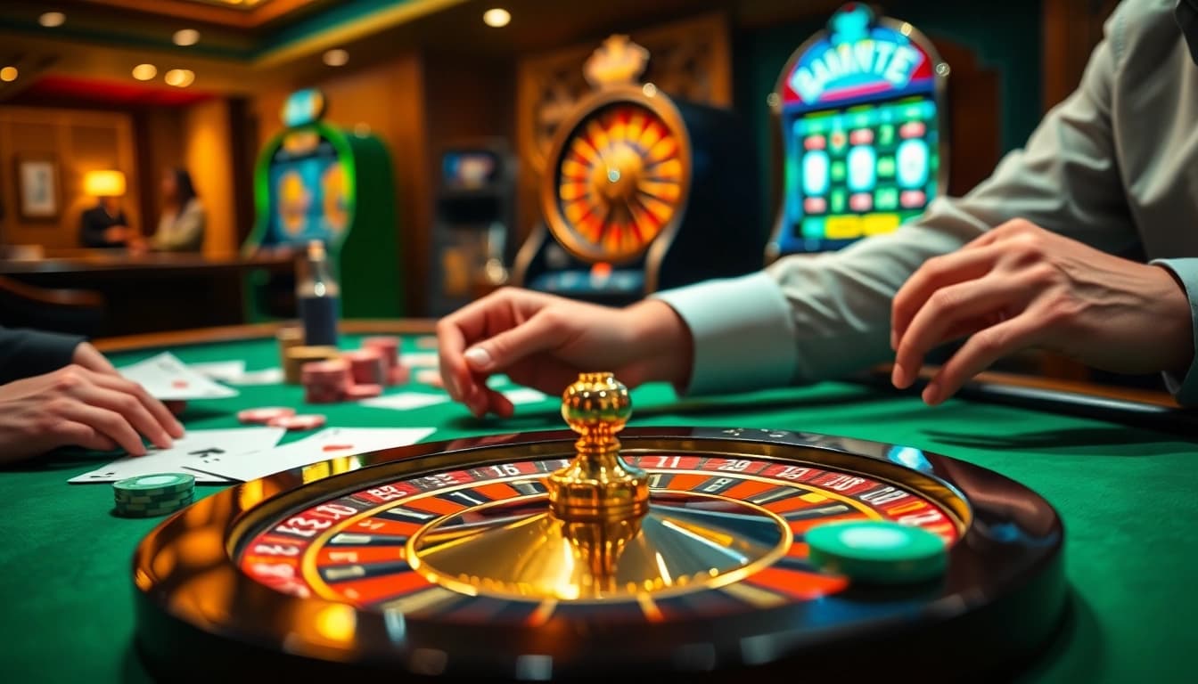 A lively casino scene showcasing a poker table with chips and cards, highlighting the excitement of 789f gambling.
