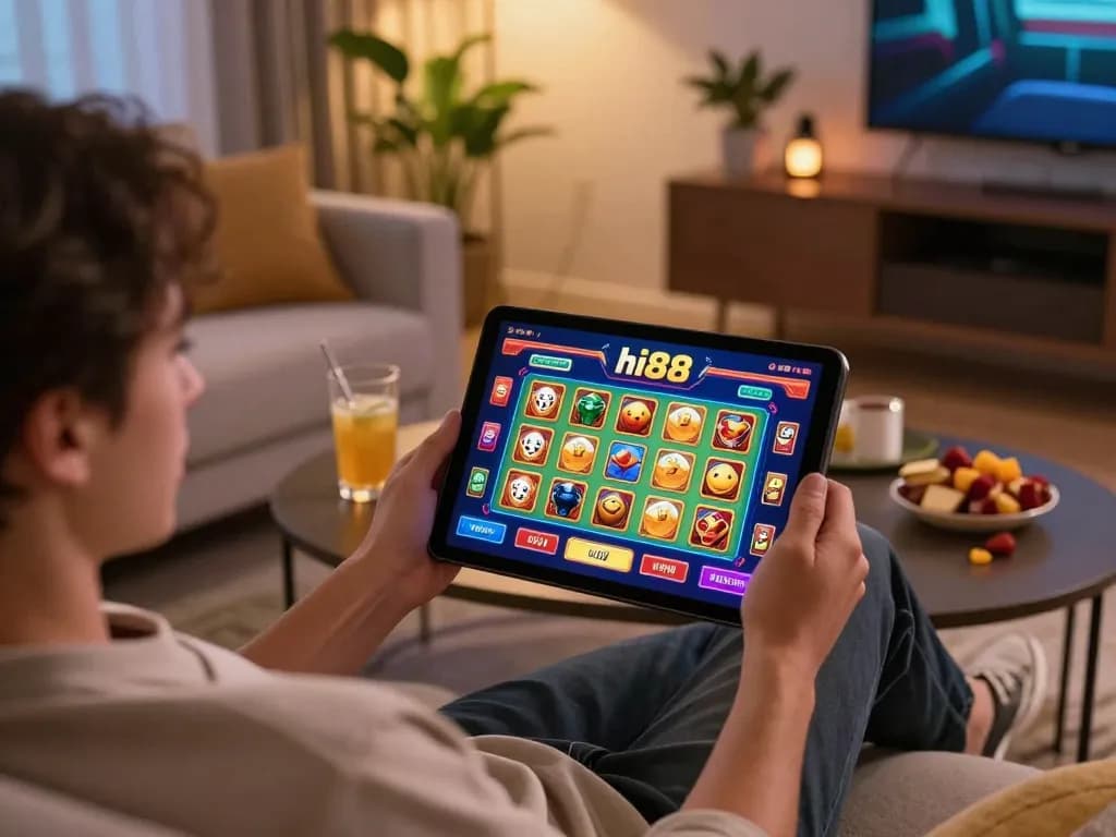 Playing hi88 nổ hũ on tablet in a cozy home environment with snacks and drinks
