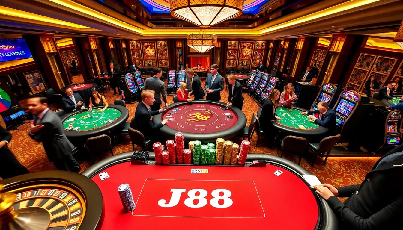 Experience a vibrant game at J88 casino, featuring exciting poker action and colorful chips.