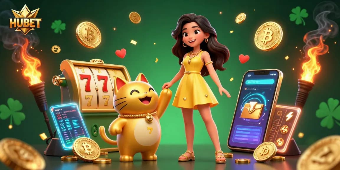 Join HUBET's exciting gaming experience with vibrant slot elements and a golden lucky cat.