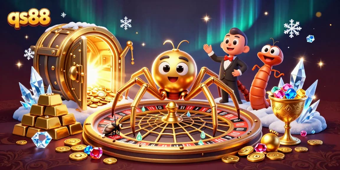 Place bets at qs88's roulette-themed casino scene with a golden spider and a centipede croupier.