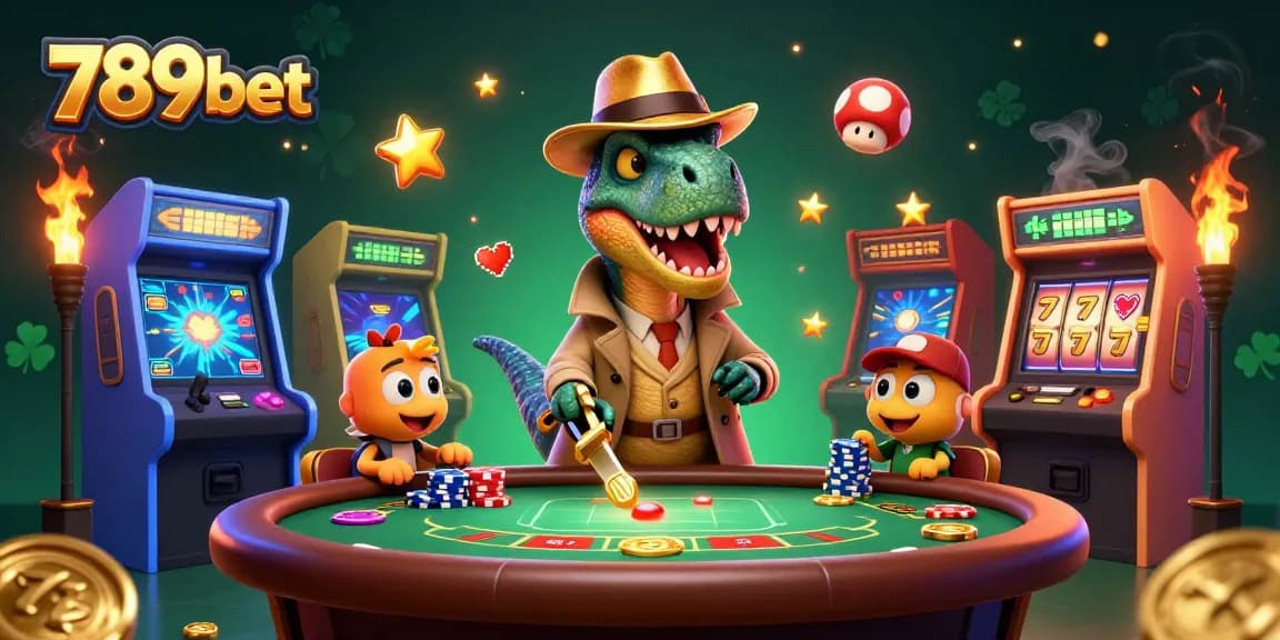 Engage in thrilling gameplay with 789bet as cartoon dinosaurs play blackjack amidst vibrant casino elements.