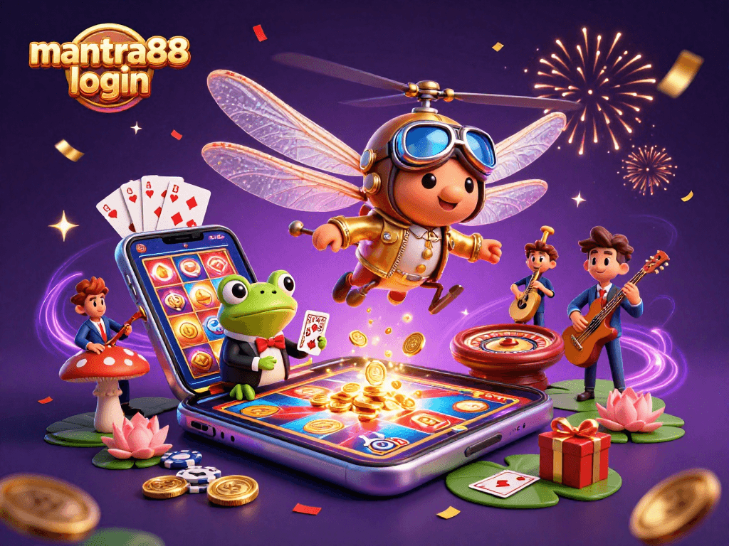 Engage with mantra88 login at an exciting casino scene showcasing a dragonfly pilot and frog dealer.
