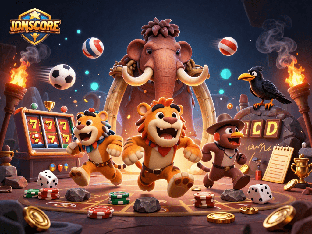 Experience IDNSCORE in a dynamic gaming scene with sabertooth tigers and vibrant casino elements.