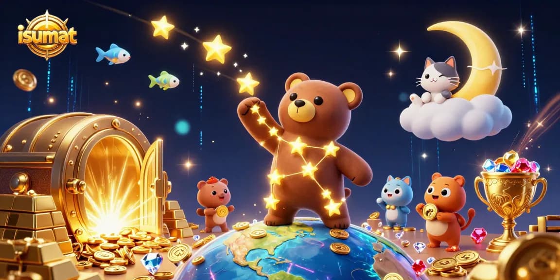 Experience the magic of isumat with dazzling casino-themed characters in a vibrant 3D scene.