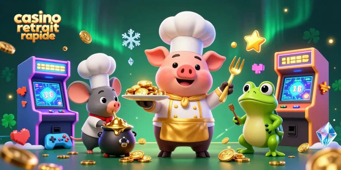 Découvrez un casino retrait rapide avec des personnages d'animation saluant des gains dorés dans une scène festive et colorée.
