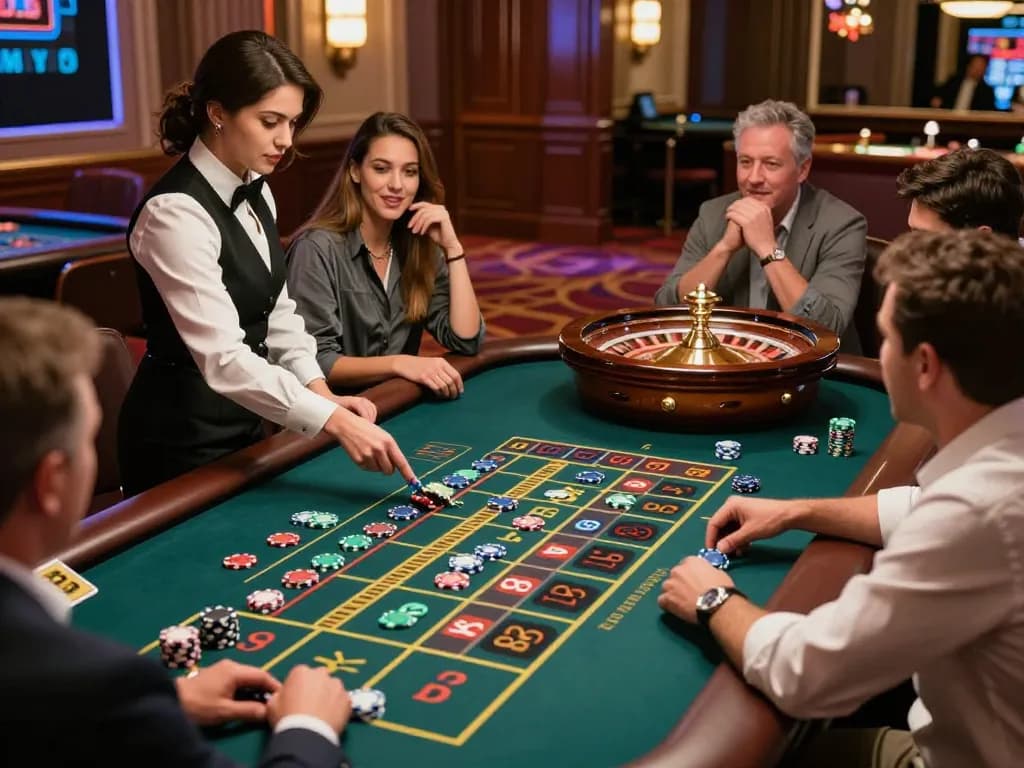 KP88 players engaging in intense roulette gameplay at a high-end casino table, excitement in the air.