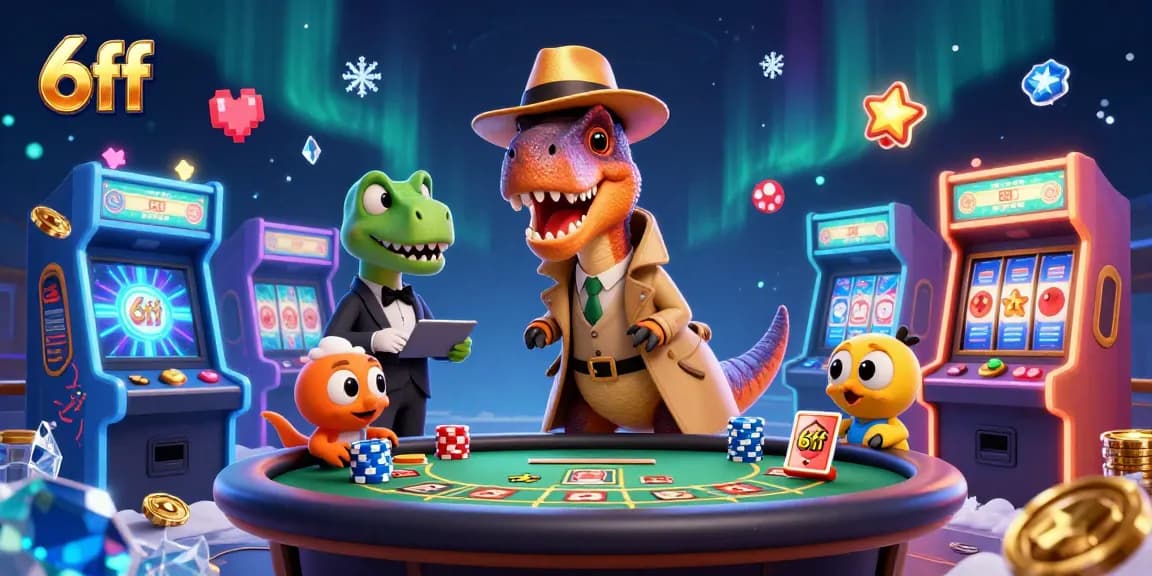 6ff enhances gaming excitement with cartoon dinosaurs at a blackjack table amidst vivid casino elements.