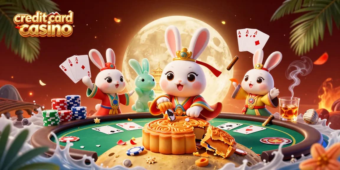 Engage in gameplay at a vibrant credit card casino featuring enchanting moon rabbits and poker chips.