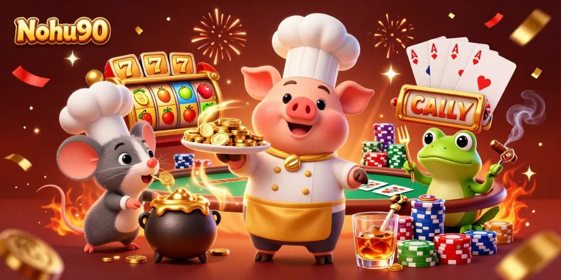 Nohu90 showcases a vibrant casino scene with a pig chef and festive slot elements.