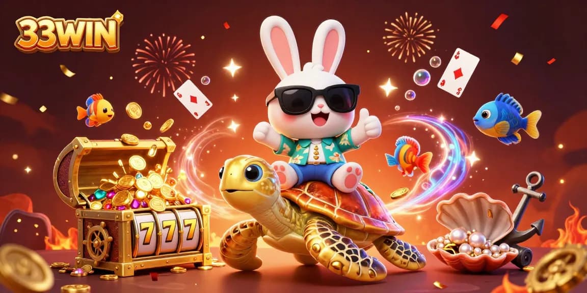 Experience thrilling wins with 33WIN, featuring a lucky rabbit and golden turtle in a vibrant casino underwater scene.