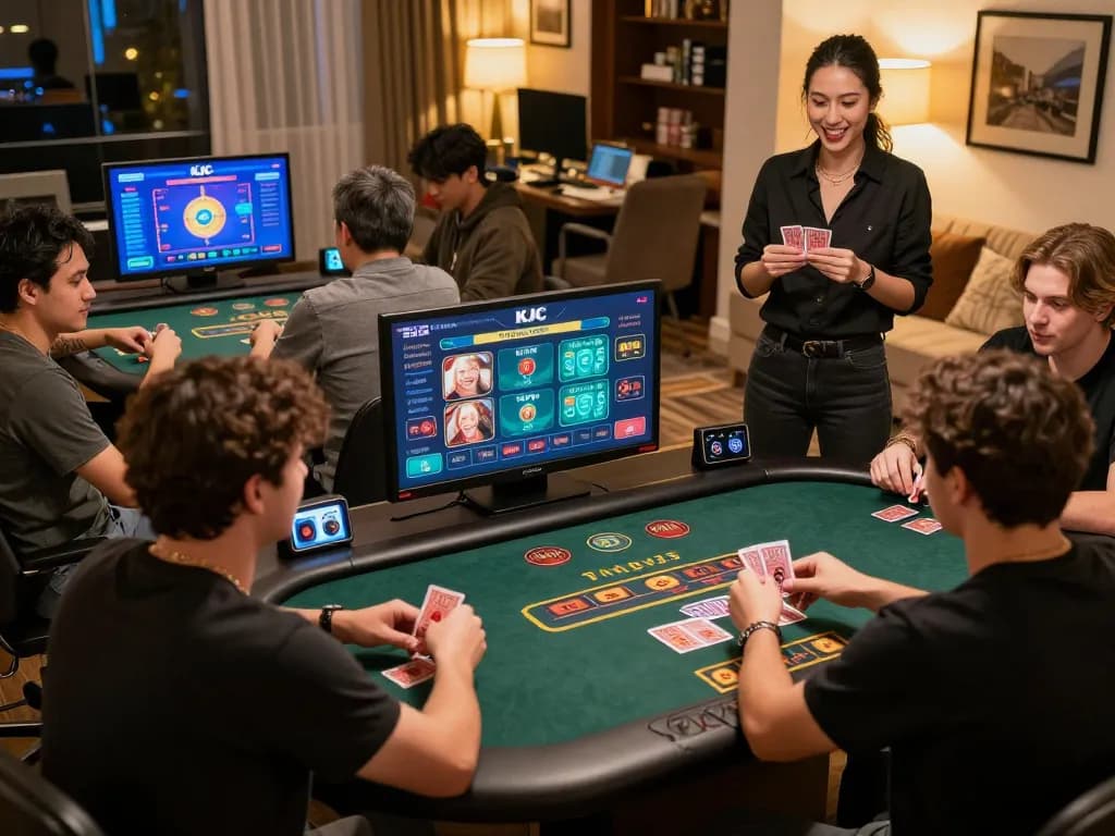 KJC online players enjoying a live dealer game in a warm, engaging home environment