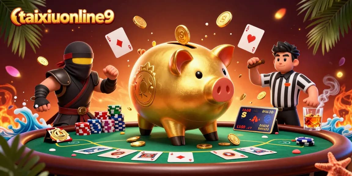 Engage with taixiuonline9 in an exciting gambling scene featuring a golden piggy bank sumo wrestler.