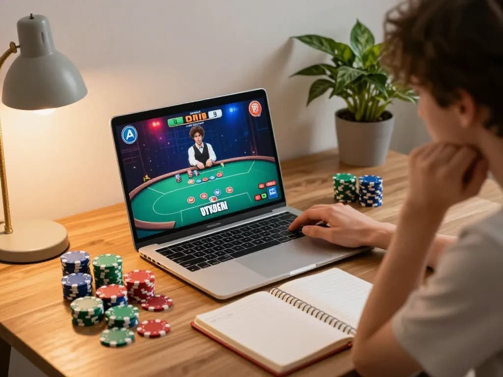 Players strategizing on F8bet platform with laptop and colorful poker chips.
