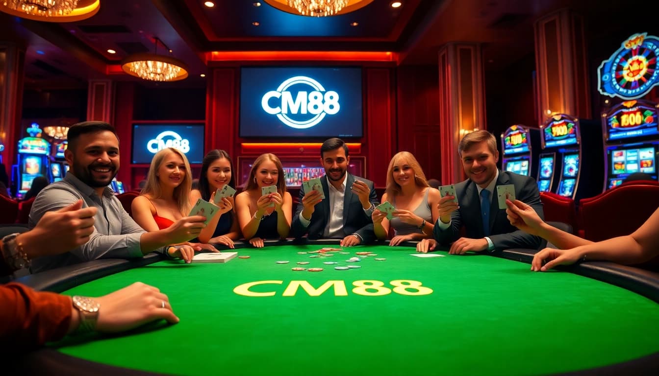 Excited players at a poker table with CM88 branding in a vibrant casino setting.