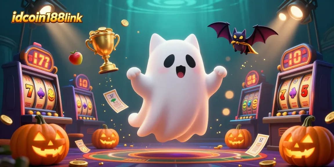 Experience thrilling gameplay at idcoin188link with our ghostly casino characters amidst lively slot games.