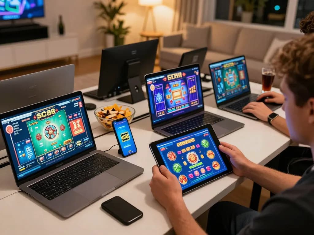 Engaging gaming on SC88 mobile app in a cozy living room setting while enjoying snacks and drinks