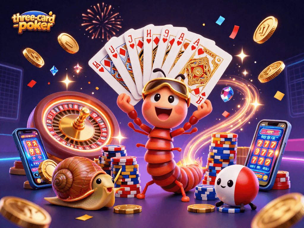 Experience three-card-poker with a dazzling dealer scene, featuring exciting cards and chip stacks.