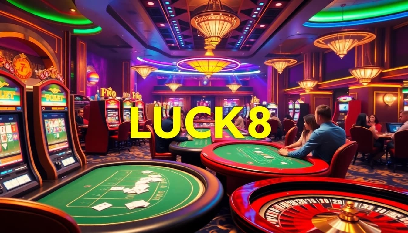 Players celebrating wins at LUCK8 casino tables surrounded by vibrant gambling elements.