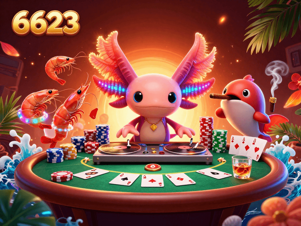 6623 players spinning winning poker hands with neon underwater characters celebrating in a vibrant casino scene.