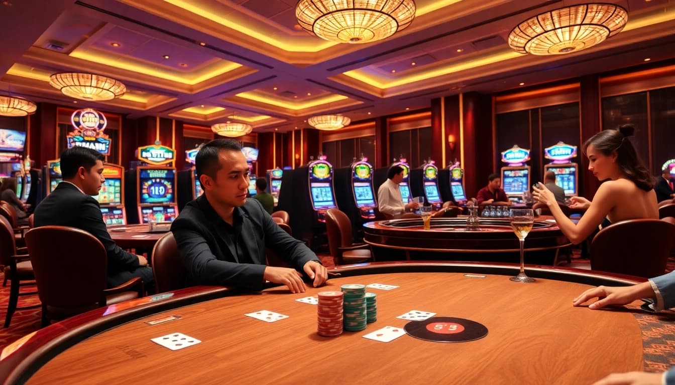 Players winning at OKFUN casino tables, showcasing thrilling poker and roulette moments.