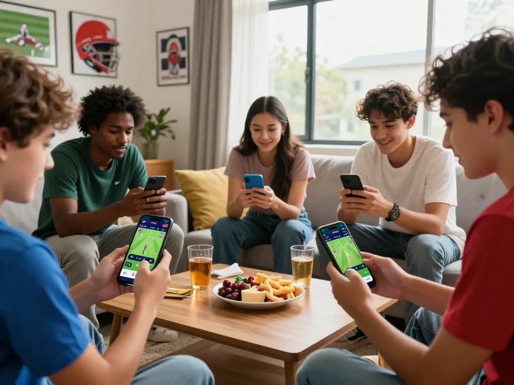 Exciting cricket fans enjoying crickex app download on smartphones in lively living room.
