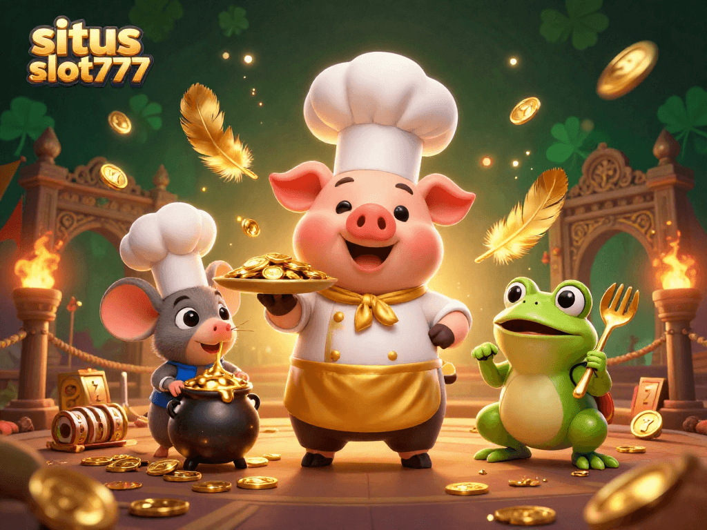 Experience excitement at situs slot777 with a gourmet display of gold coins, showcasing engaging casino elements.
