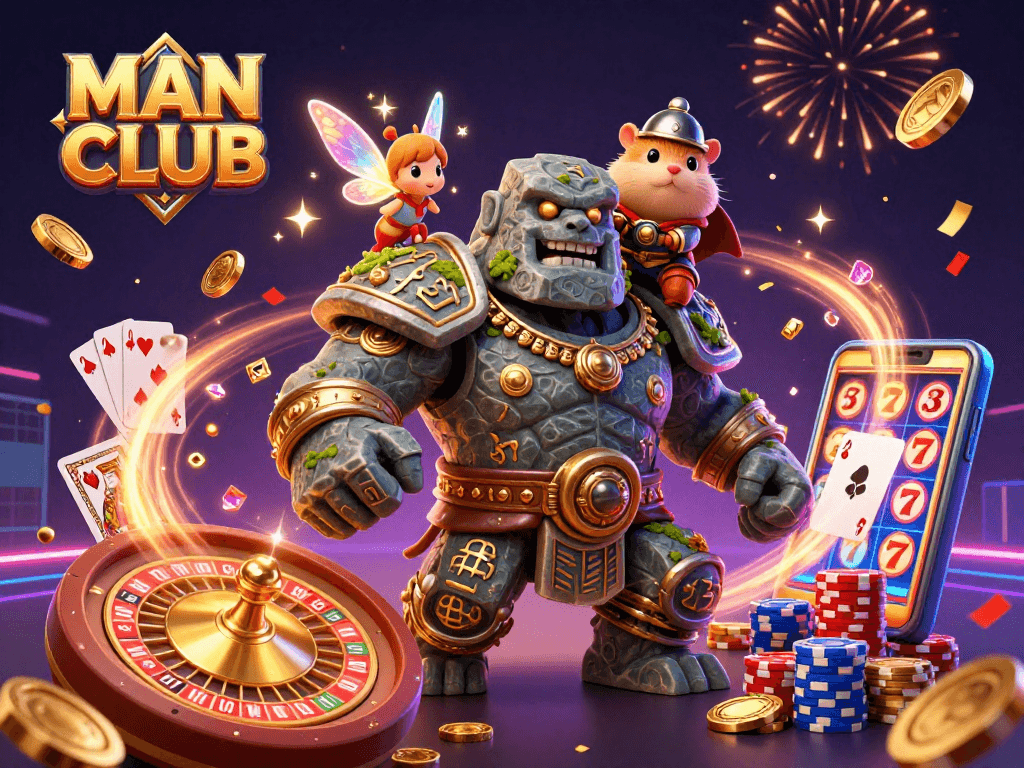 MAN CLUB celebrates thrilling casino adventures with a magical golem and vibrant game elements.