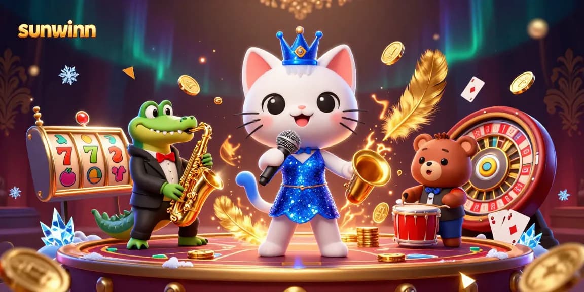 Play slots and game with sunwinn in a vibrant casino scene featuring a jazzy cat, a saxophone crocodile, and a bear.
