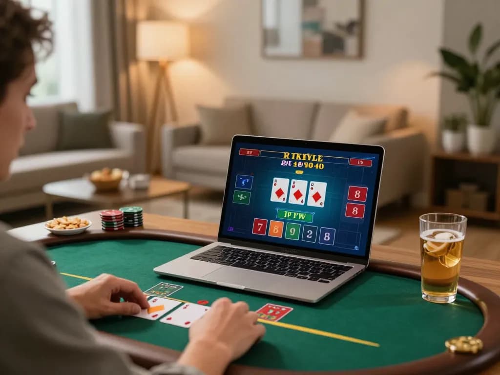Player enjoying live dealer blackjack game on GG88 while strategizing odds in a cozy home.