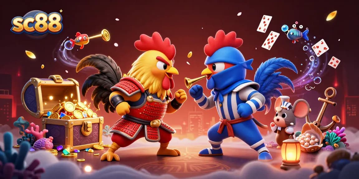 Engage in thrilling battles with sc88's cartoon roosters in a vibrant casino showdown scene.