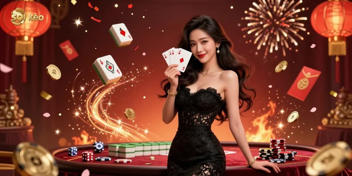 Soi kèo action with elegant Asian woman holding playing cards surrounded by luxury casino elements.