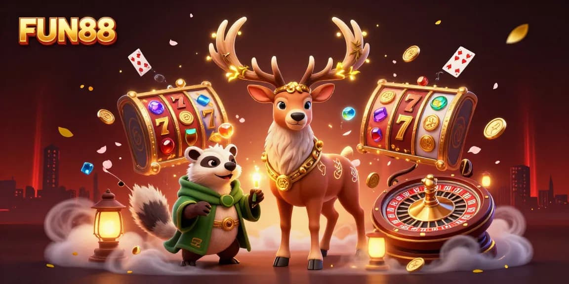 Engage in FUN88's vibrant casino atmosphere with an energetic 3D illustration of dynamic game elements.