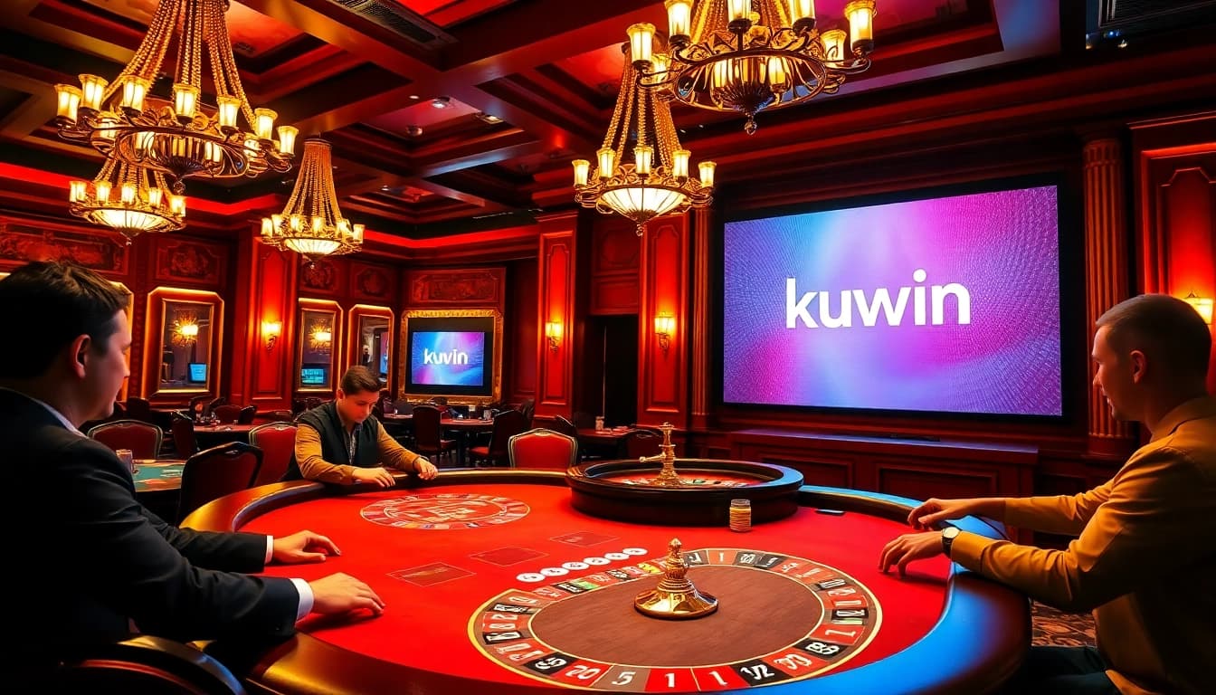 kuwin online casino scene with players engaging in thrilling games like Blackjack and Roulette