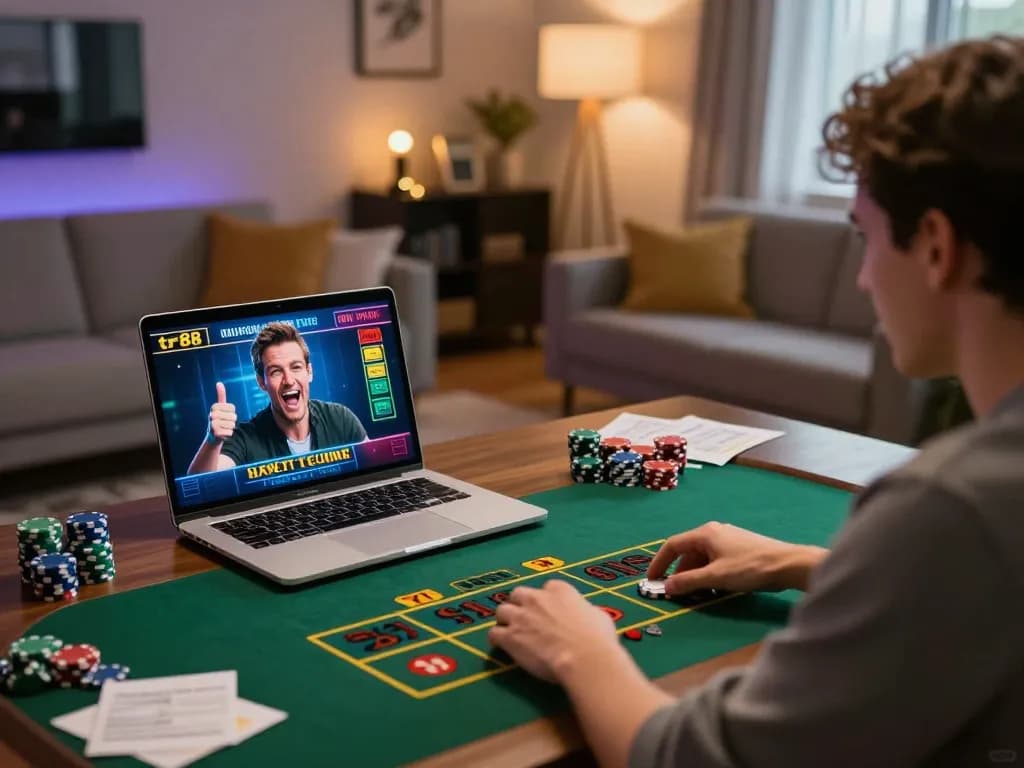Player enjoying live dealer games on tr88 with lively betting strategies at home.