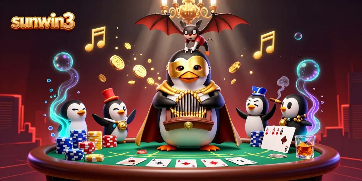Experience the excitement of gaming at sunwin3 with a lively casino scene featuring a phantom penguin.