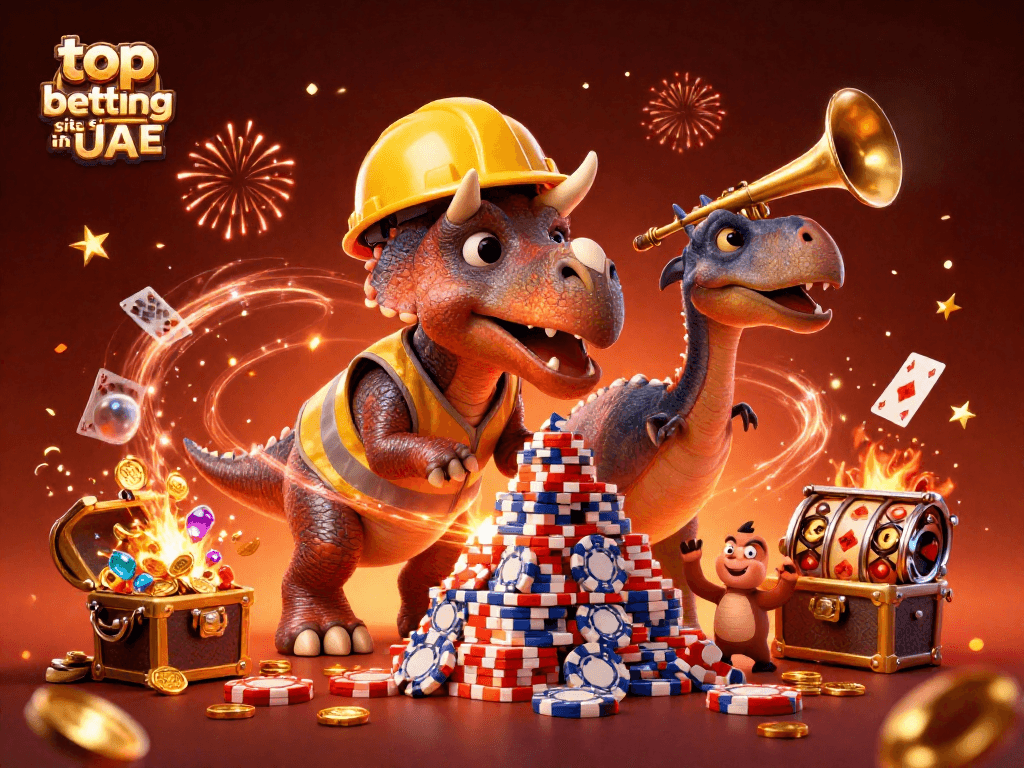 Experience the excitement of top betting sites in UAE with a dynamic 3D casino scene filled with cheerful characters and vibrant gaming elements.