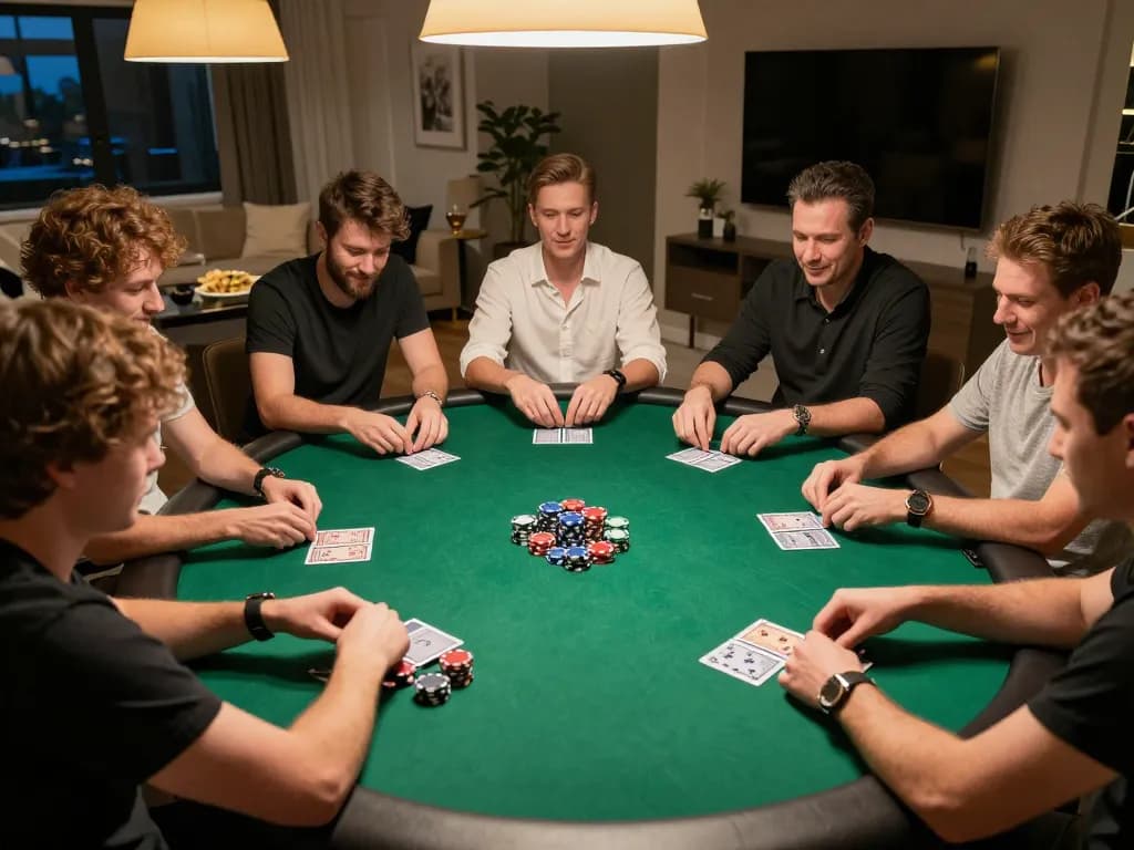 Engage in an exciting poker game at home featuring rik vip, with players discussing strategies and enjoying snacks.