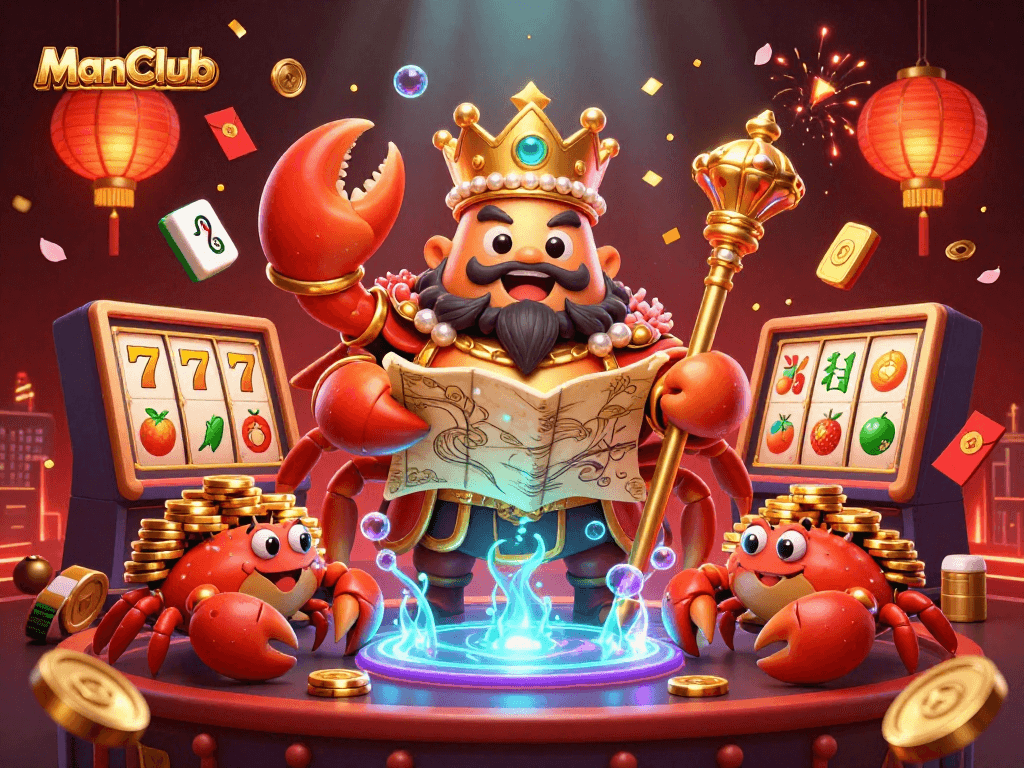 Engage in thrilling fun at ManClub with a vibrant 3D casino scene featuring a golden crab emperor.