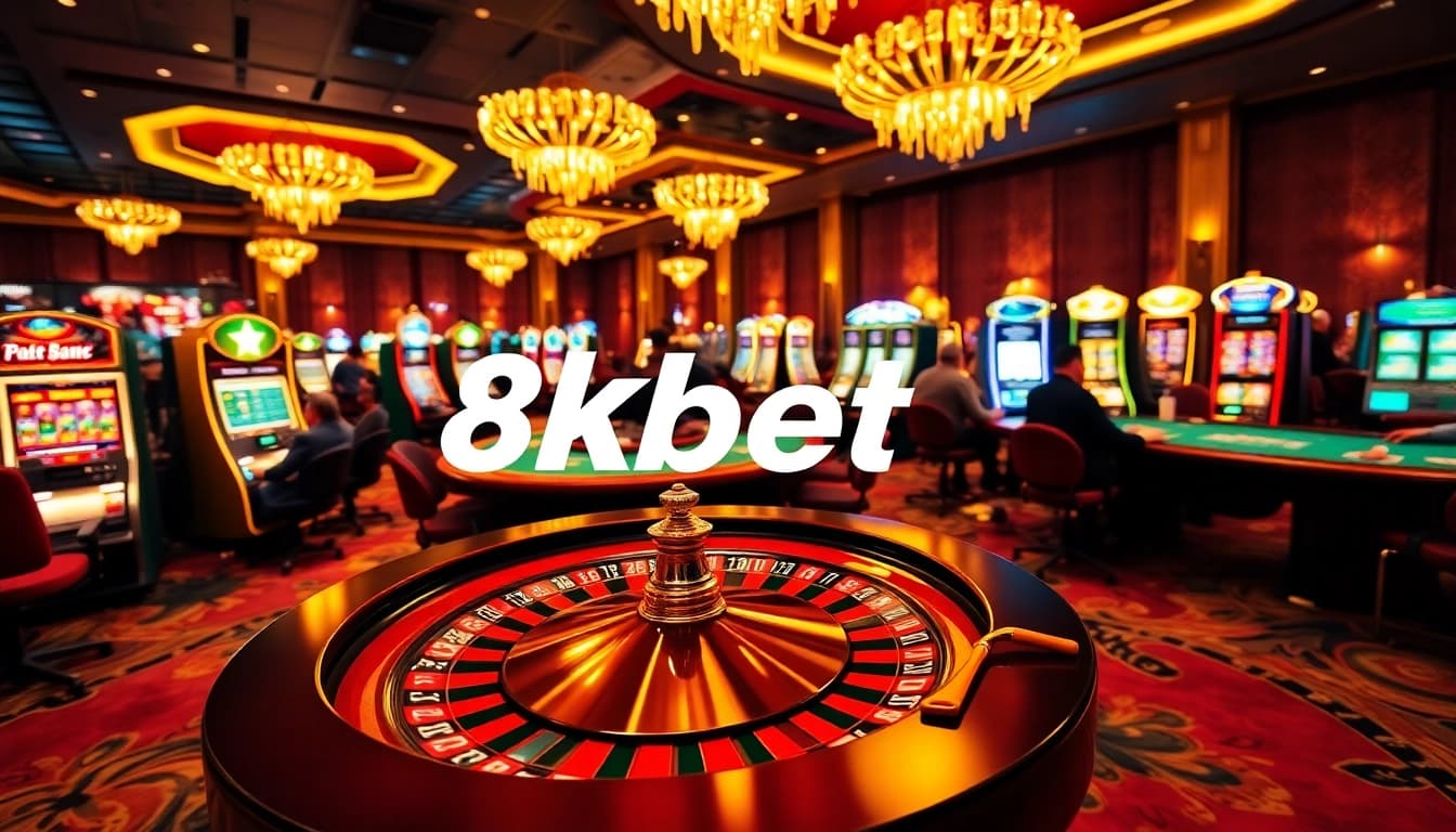 8kbet players enjoying an exciting casino atmosphere with vibrant slot machines and elegant gaming tables.