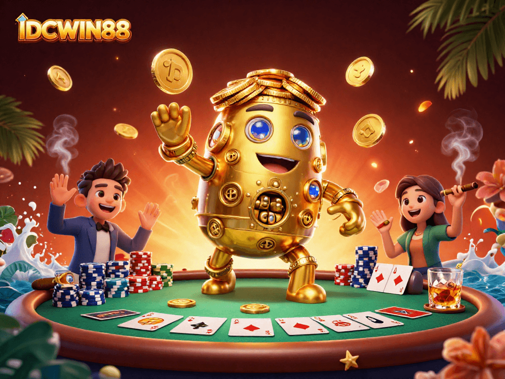 Win big with IDCWIN88 in this vibrant 3D cartoon casino scene filled with poker excitement.