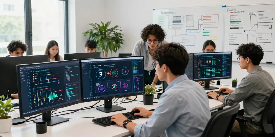 Developers collaborating on USDT0 cross-chain finance solutions in a modern workspace.