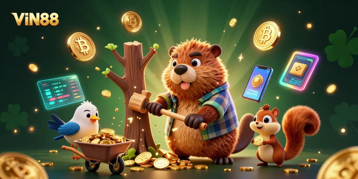 Experience thrilling wins with VIN88 as the beaver collects gold coins and crypto riches.