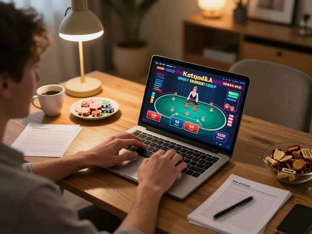 Player enjoying okwin poker game from home desk, emphasizing comfort and strategy in online gambling.