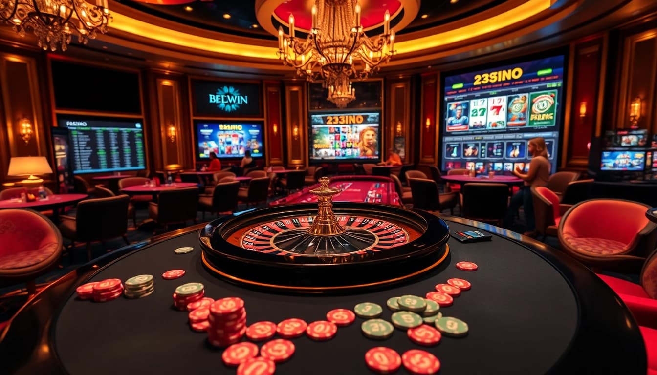 Experience thrilling gameplay at 23WIN with an interactive casino environment featuring roulette, cards, and online betting action.