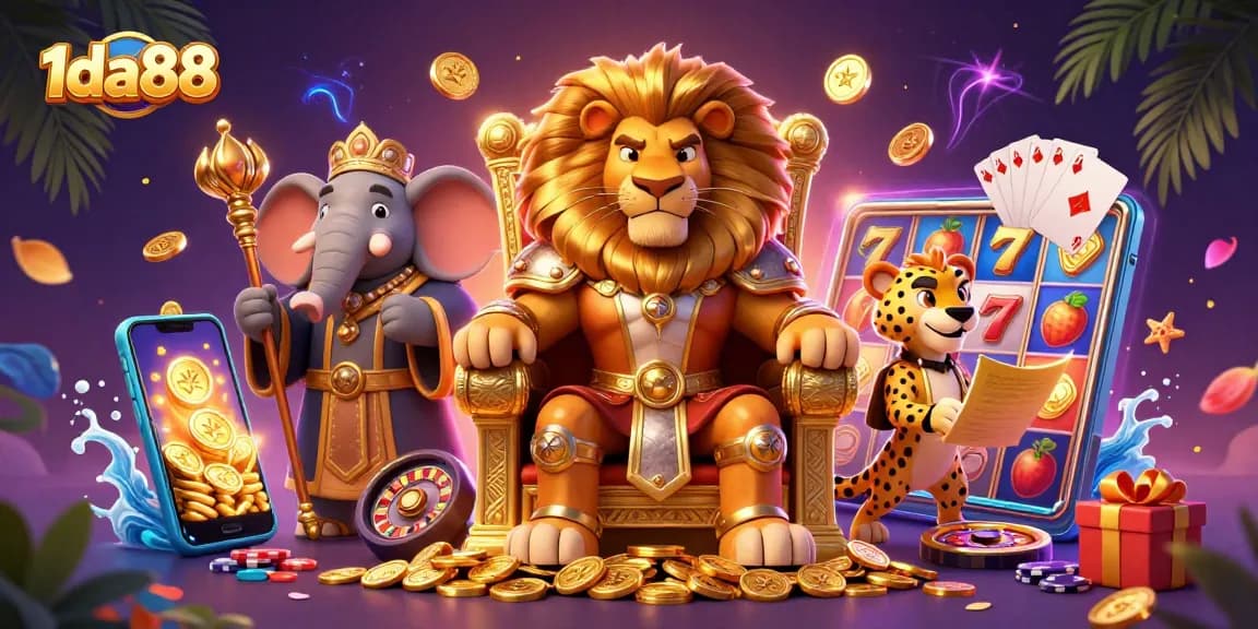 Experience epic wins with 1da88 in this vibrant slot-themed 3D casino illustration