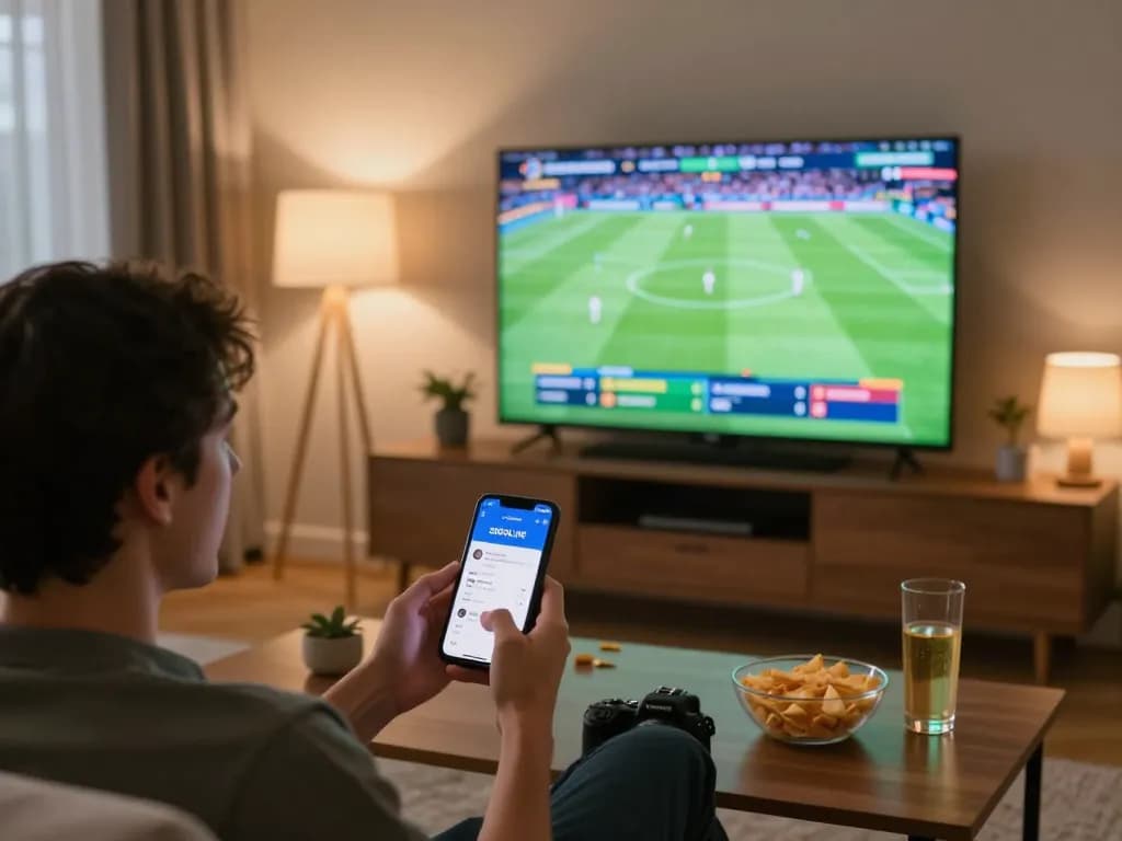 Socolive sports betting scene with smartphone displaying live odds during football match